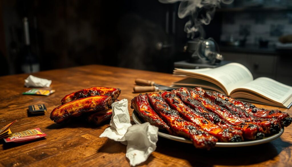 A smoky, dimly-lit kitchen with a rustic wooden table. In the foreground, a plate of glistening, oversized riblets, some charred and others undercooked. Beside them, a cluster of discarded seasoning packets and a crumpled paper towel. In the middle ground, a pellet smoker with its door ajar, revealing uneven smoke billows. The background is hazy, with shadows of forgotten kitchen tools and an open cookbook, its pages fluttering. The overall atmosphere is one of frustration and a sense of culinary missteps.