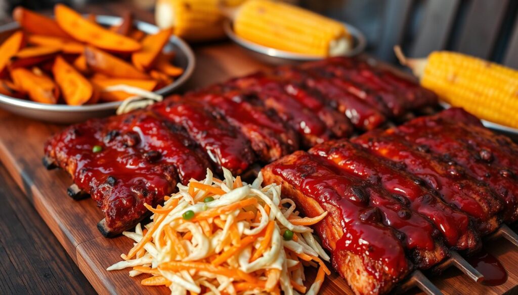 Delectable riblets sizzling on a rustic wooden table, accompanied by an array of complementary side dishes. In the foreground, the tender, sauce-glazed riblets beckon, while in the middle ground, a vibrant slaw with shredded cabbage, carrots, and a tangy dressing adds a refreshing contrast. Roasted sweet potato wedges and grilled corn on the cob fill the background, their caramelized edges and charred accents hinting at the smoky flavors of the main dish. Warm lighting casts a cozy glow, evoking the comforting atmosphere of a backyard barbecue. The scene is captured through a slightly wide-angle lens, emphasizing the harmony of the various elements and creating an appetizing, mouthwatering composition.