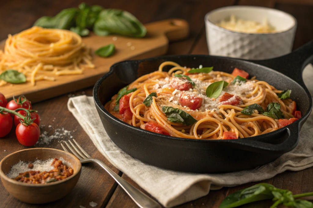 One Pot Creamy Tomato Spinach Spaghetti Recipe