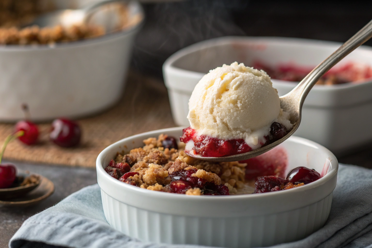 Baked Cherry Crisp with Brown Butter Almond Topping