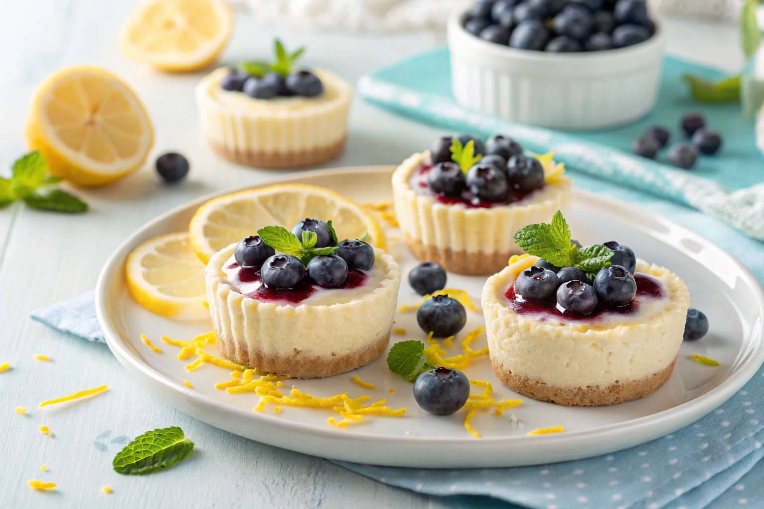 Lemon Blueberry Mini Cheesecakes – Creamy, Tangy & Bite-Sized Bliss